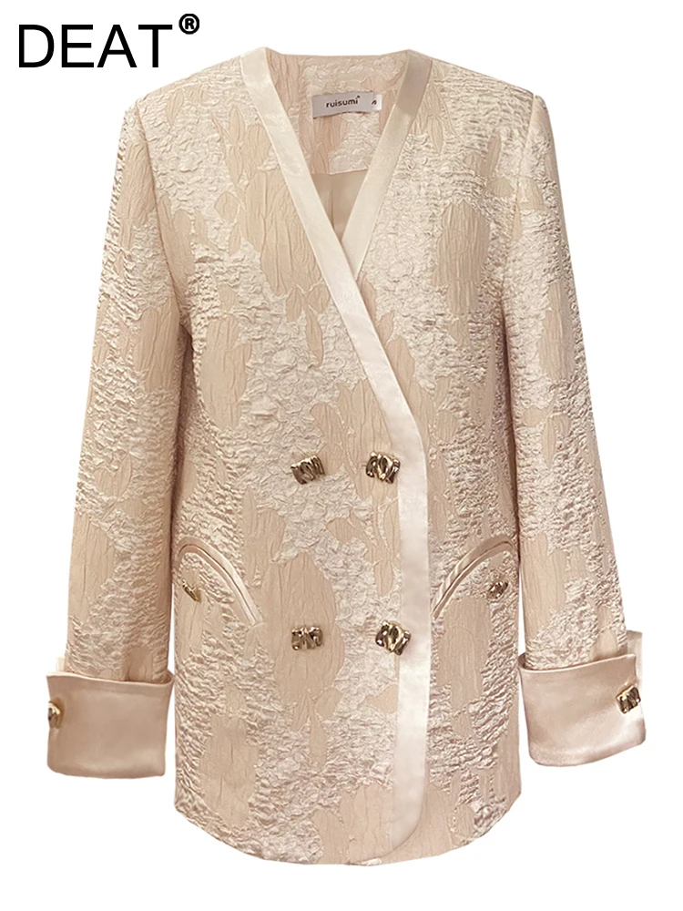 

Женский жаккардовый Блейзер DEAT, двубортный блейзер с V-образным вырезом и карманами в стиле ретро, пиджак в стиле пэчворк для осени, 7AB1622, 2023