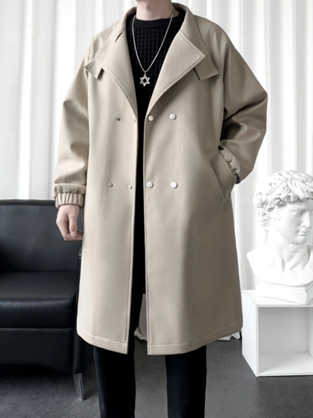 Men's Mid-Length Woolen Coat Loose Fit British Sle Autumn Fashionable Windbreaker Double-breasted Button Decorated Casual Wear |