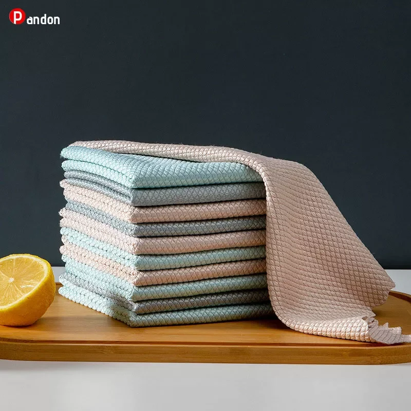 

2022New Cleaning Lazy Kitchen Dish Cloth Microfiber Glass Rag 5 Pairs Fish Scale Rag Housework Cleaning Cloth Kitchen Degreasing