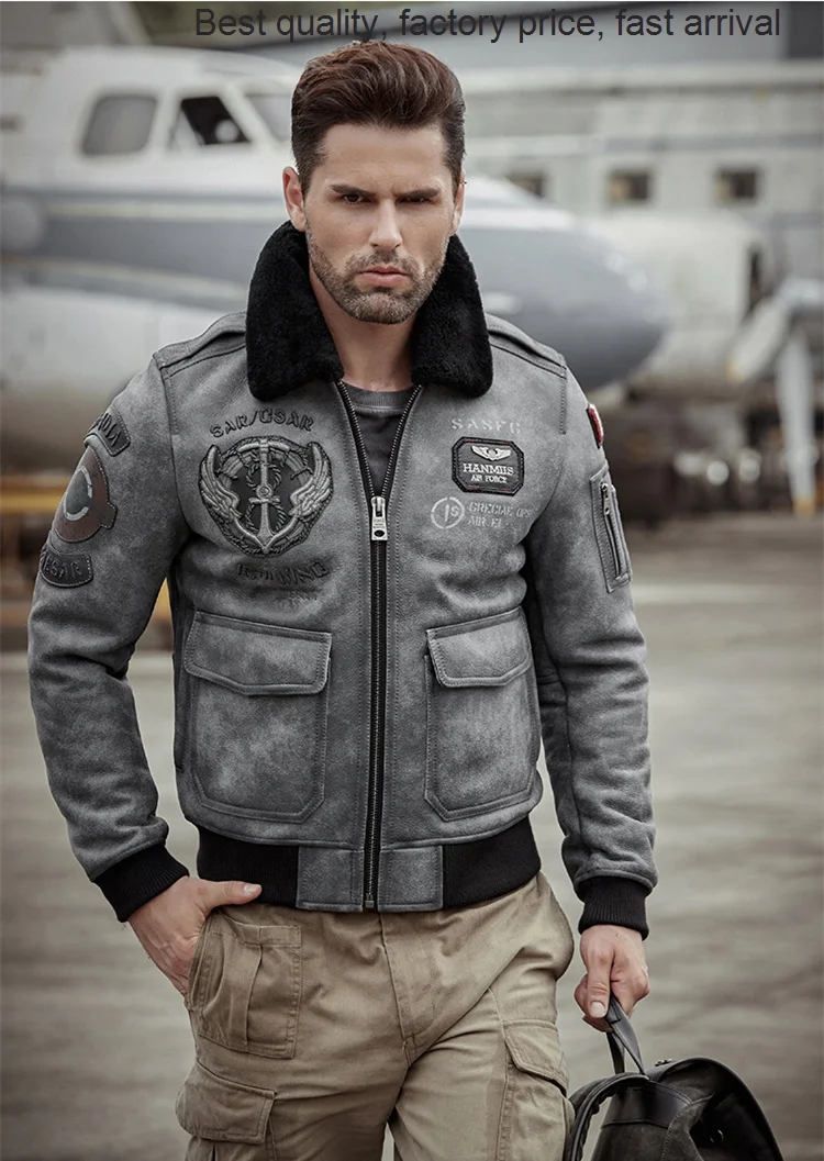 

High quality luxury brand Men Shearling Sheepskin Genuine Leather Coat Bomber Retro Aviator Outerwear Trench Flight Grey Winter