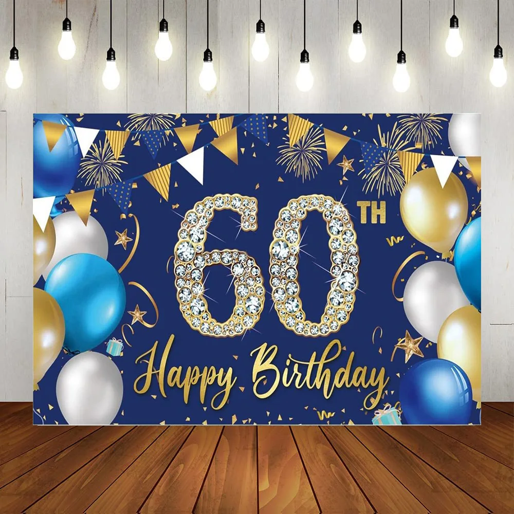 

Happy 60th Birthday Party Backdrop Men Women Blue Gold Silver Balloons Photography Background Sixty Year Old Anniversary Poster