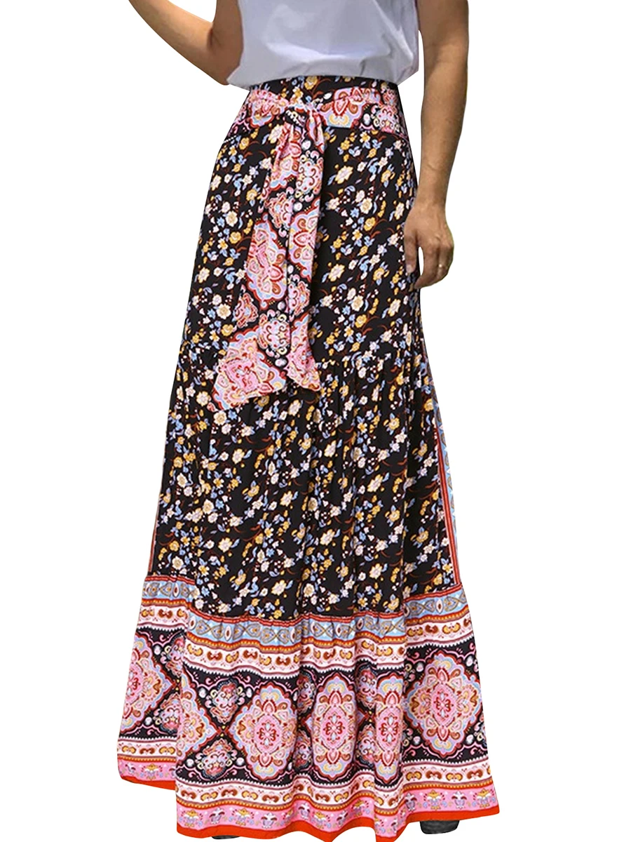 

Женская длинная юбка в стиле бохо, винтажная элегантная летняя юбка-качели с цветочным принтом на завязках, уличная одежда для повседневного использования (красная)