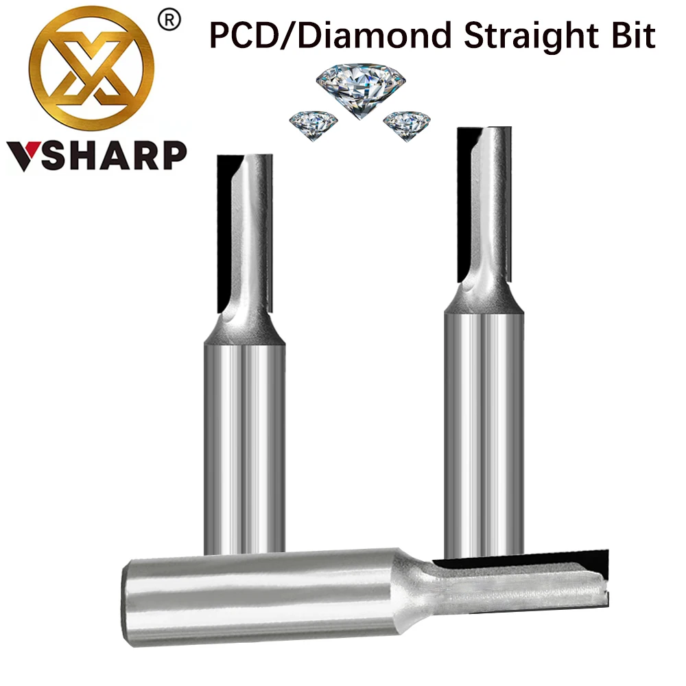 Vsharp PCD 2 Flutes Straight Bit Diamond Milling Cutter Longlife Woodworking Straight Slotting Cutting 1/2" 12mm Shank for MDF