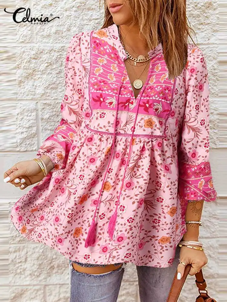 

Celmia 2022 Summer Women's Blouses Sexy V-neck Chemise Fashion Bohemian Floral Printed Tunic Casual Puff Sleeve Patchwork Tops