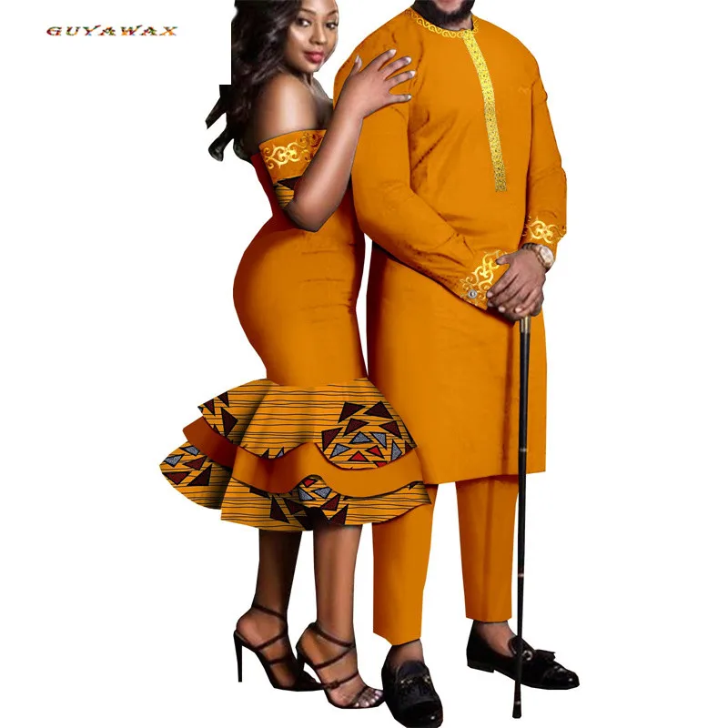 ! Sale! New African Clothes for Couples Women Slim Mermaid Dresses Match Men Outfit Top and Pants Sets Bazin Riche Party Vestido