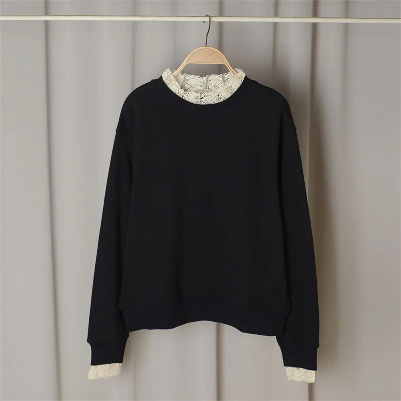 

Женский кружевной пуловер с длинным рукавом, разноцветный элегантный махровый свитер с кружевной вставкой и подкладкой, в винтажном стиле, весна 2023