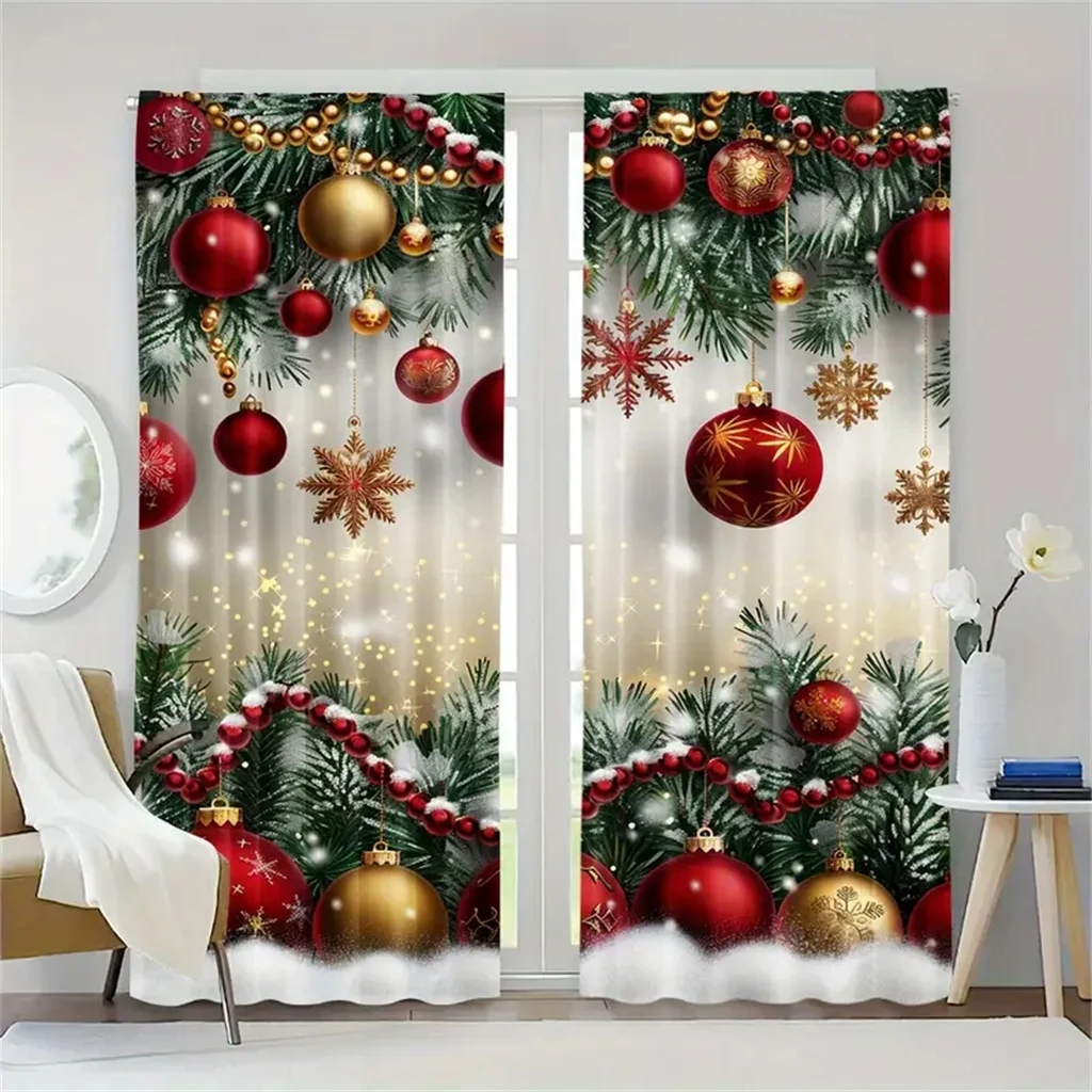 2pcs Set Red Christmas Curtains -Soft Polyester Rod Pocket Design for Living Room & Bedroom Kitchen Decor -Machine Washable