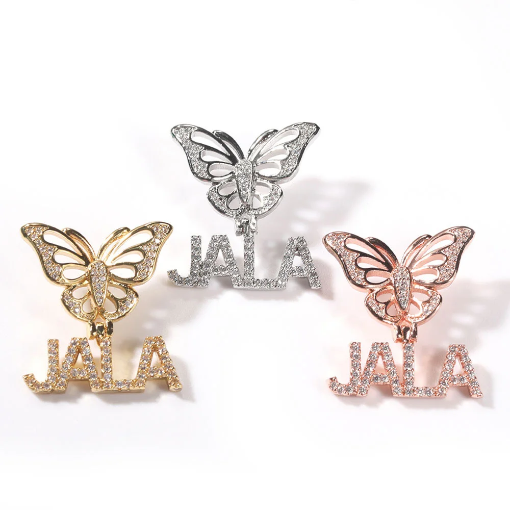 Custom Pendant Name Charm Letter Butterfly 18k Real Gold Plated For Men Iced Out