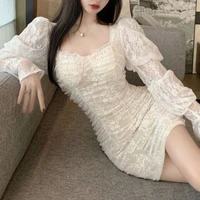 niggeey vintage lace y2k mini dress elegant ruched puff sleeve casual bodycon dresses for women korean fashion dress