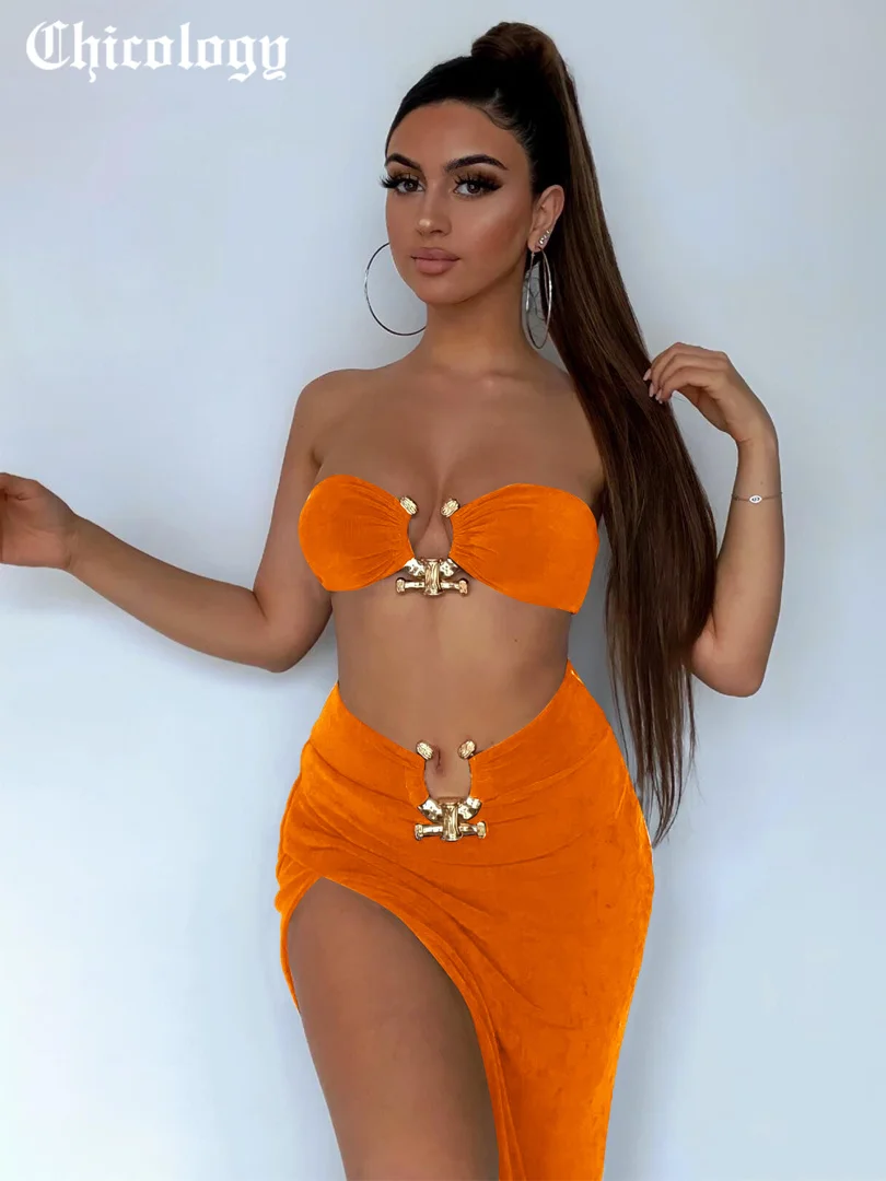 

Chicology 2021 Women Metal Decoration Off Shoulder Sexy Tube Crop Tank Top Side Slit High Waist Stretchy Skirts 2 Pieces Sets