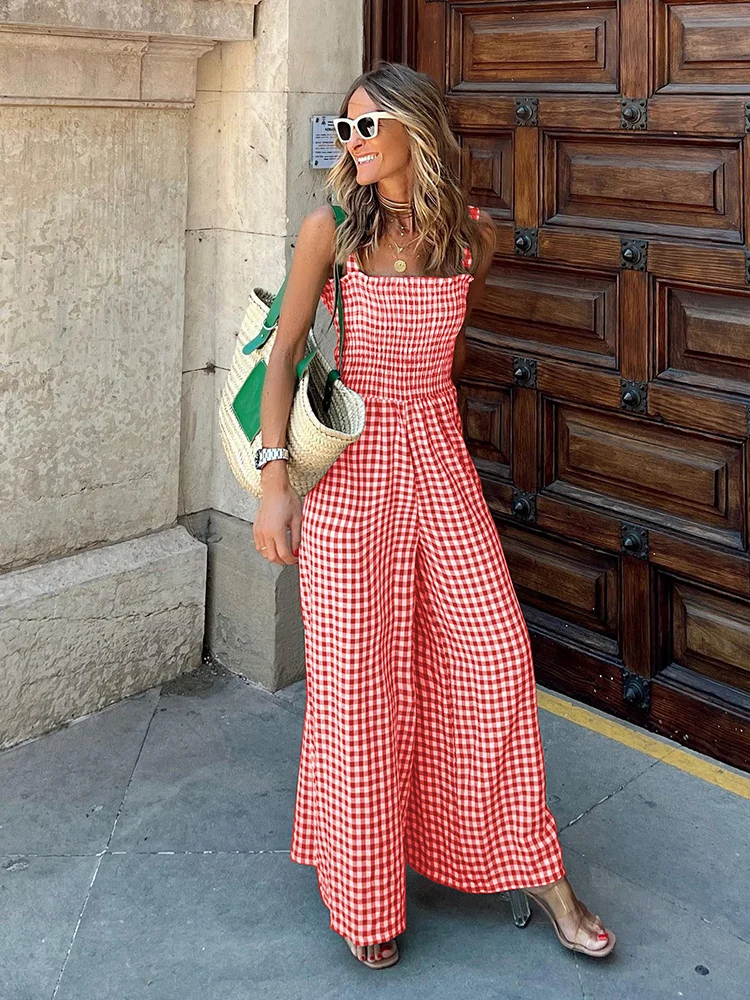 Casual Women Jumpsuits 2022 Summer Wide Leg Full Lenght Sexy Sleeveless Vintage Checked Plaid High Waist Playsuits Long Overalls