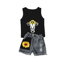 2 pieces kids baby suit set cow head print u neck camisole sunflower print denim shorts for summer 18 months 6 years