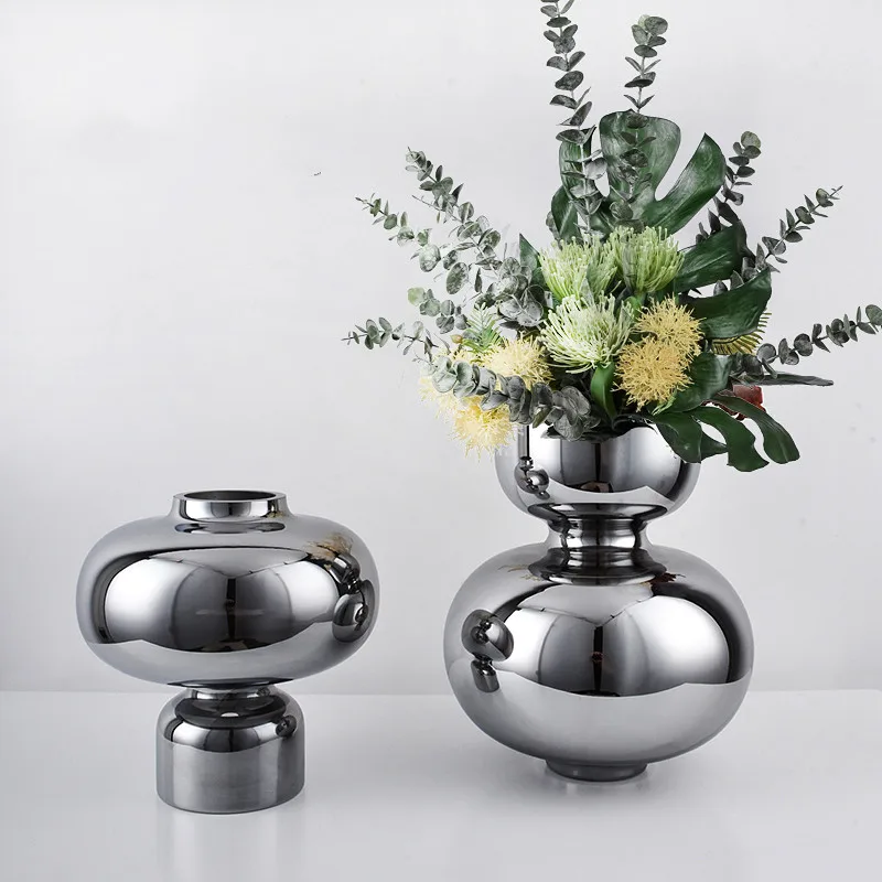 

Creative Electroplating Round Belly Glass Vase Living Room Silver Hydroponic Flower Arrangement Desktop Decoration Ornaments