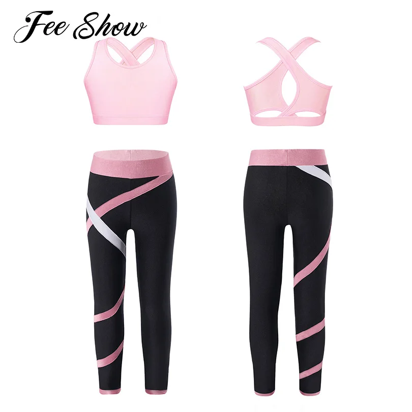 

Kids Girls Stretchy Running Sets Yoga Suit Sport Outfits U-Neck Sleeveless Crop Top with Striped Leggings Gym Fitness Sportswear