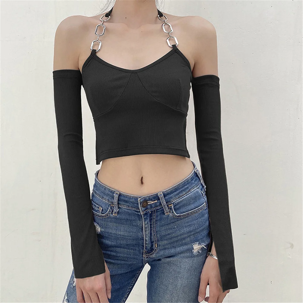 

2022 Women Sexy Backless Long Sleeve Crop Top Chain Halter Solid Color T-Shirt Female Slim Fit Tees Shirt Summer Female Clothes