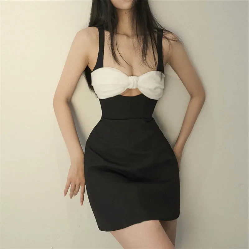

XeemiloNiche Design Color Contrast Patchwork Bow Suspenders Dress Women's Summer Slim Fit Bottoming Hip Skirt