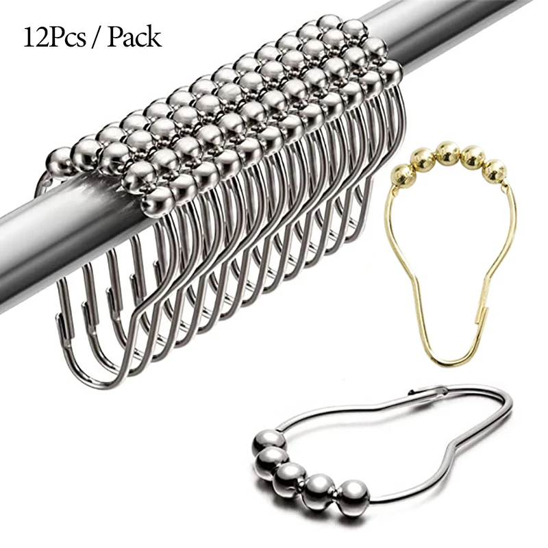 12pcs/set Stainless Steel Curtain Hooks Bath Curtain Rollerball Shower Curtain Rings Hooks 5 Rollers Polished Satin Nickel Ball