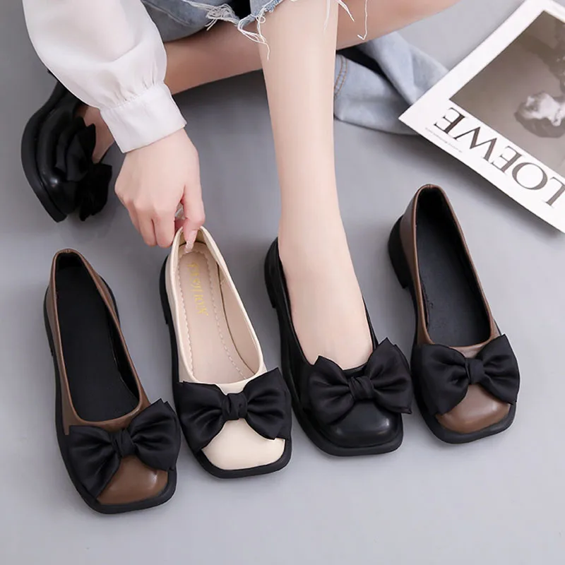 

Туфли женские кожаные с квадратным носком, Туфли Мэри Джейн, французские лоферы, нежные, без застежки, с бантом, Лолита, маленькая подошва