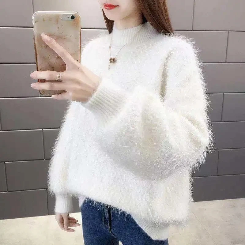 

Half Turtleneck Thick Sweater Women's 2022 Autumn Winter New Korean Bright Silk Loose Lazy Wind Large Size Bottoming Shirt Women
