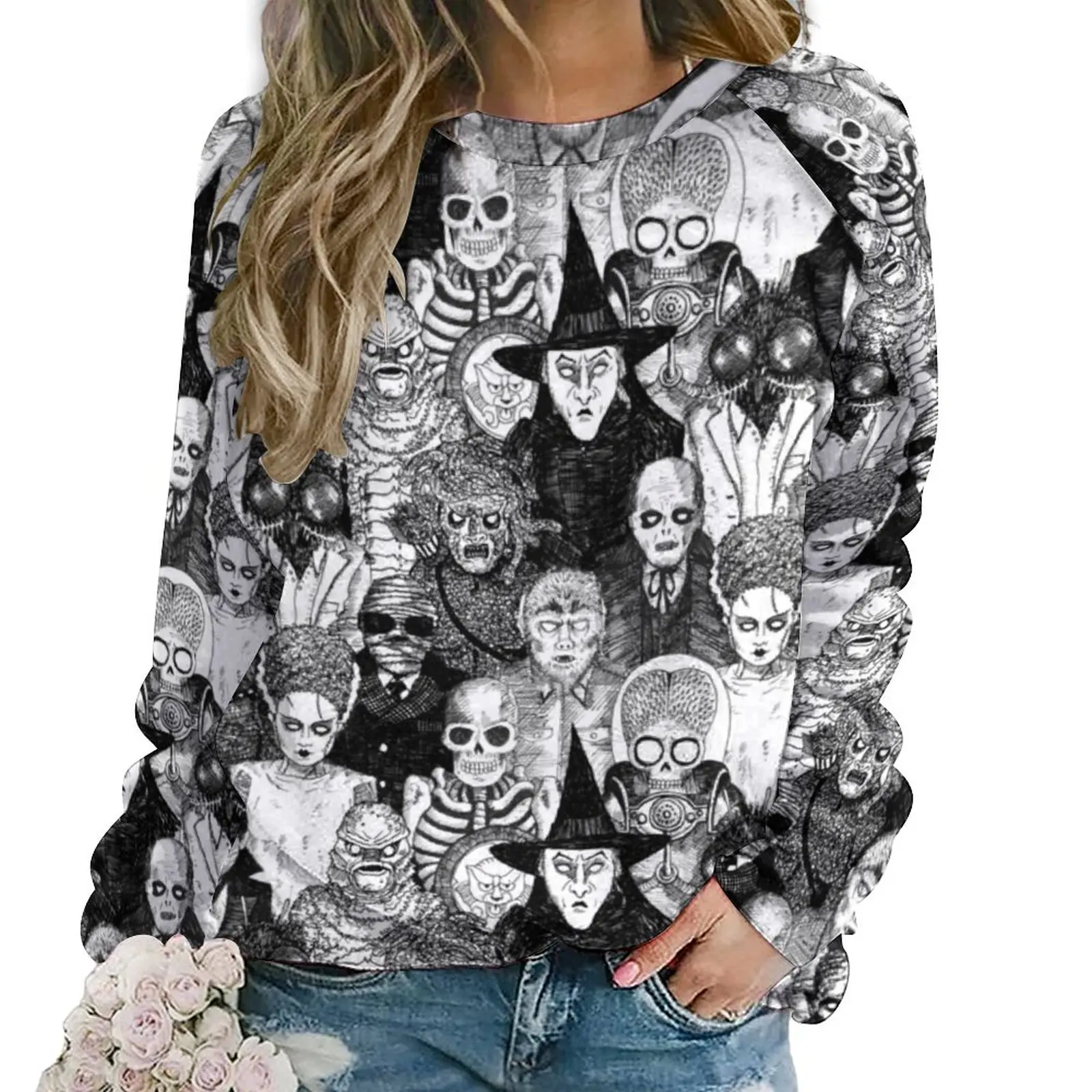

Skeleton Print Hoodies Autumn Horror Monsters Street Wear Oversized Hoodie Women Long Sleeve Funny Graphic Casual Sweatshirts
