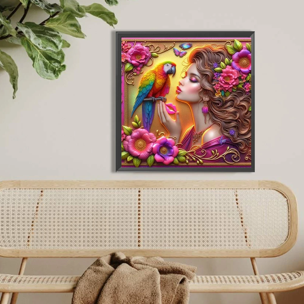 5D DIY Полный круглый дрель Алмазная картина Попугай Девушка Декор Художественное