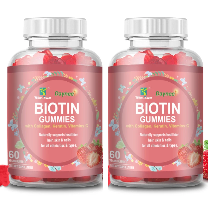 

2 bottles of biotin soft candy supplements vitamins and collagen to improve hair health and promote metabolism