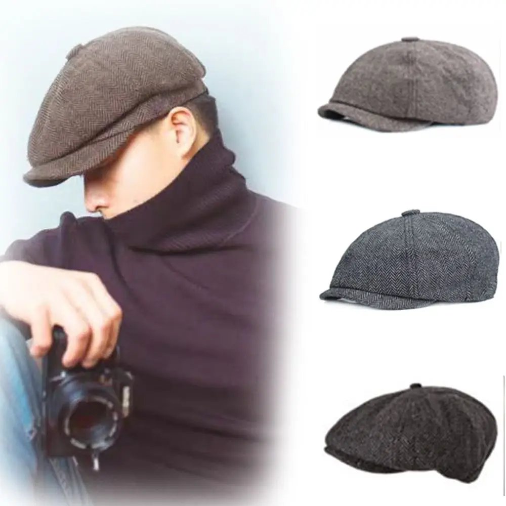 

Simple Wool Blend Men Herringbone Flat Cap Male Visors Bakerboy Hat Newsboy Hat