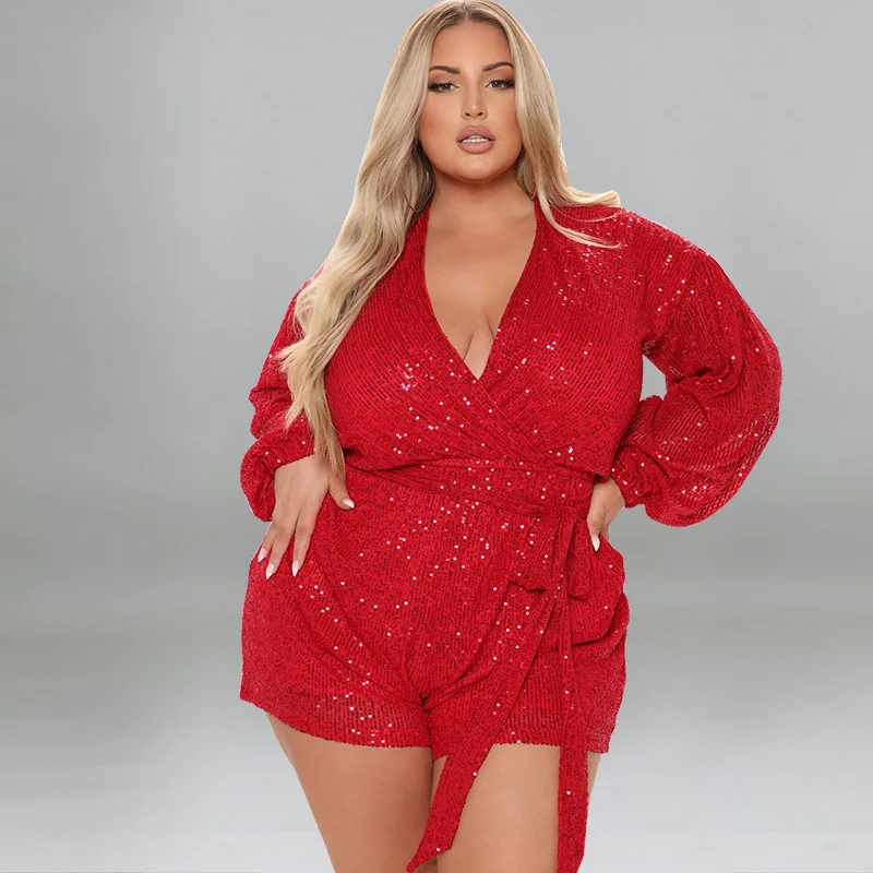 

KEXU Sequins Belt Waist Wrap V-neck Long Sleeve Short Jumpsuit Plus Size Women One-piece Suit Sexy Party Street Romper Playsuit