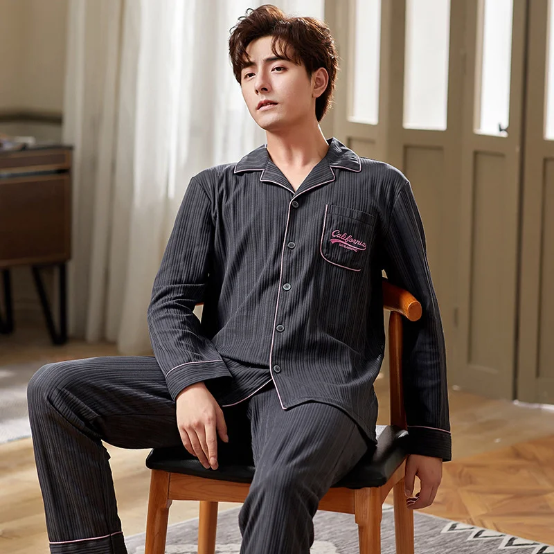 Pajamas Men's Autumn  Winter New Pure Color Leisure Knitting Cotton  Lapel Cardigan Home Suit Can Be Worn Out