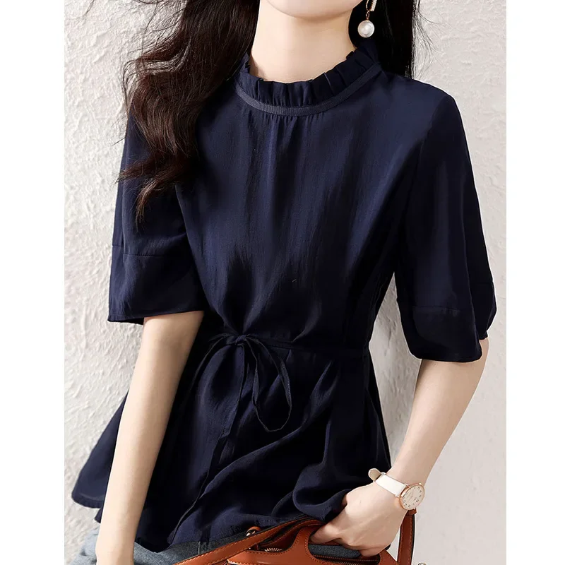 Элегантная женская блузка с приталенной талией новинка лета 2023 пуловер футболка
