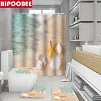 3D Beach Bathroom Shower Curtain Ocean Starfish Shell Bath Mats Toilet Cover Lid Non-slip Carpet Durable Pedestal Rug Home Decor