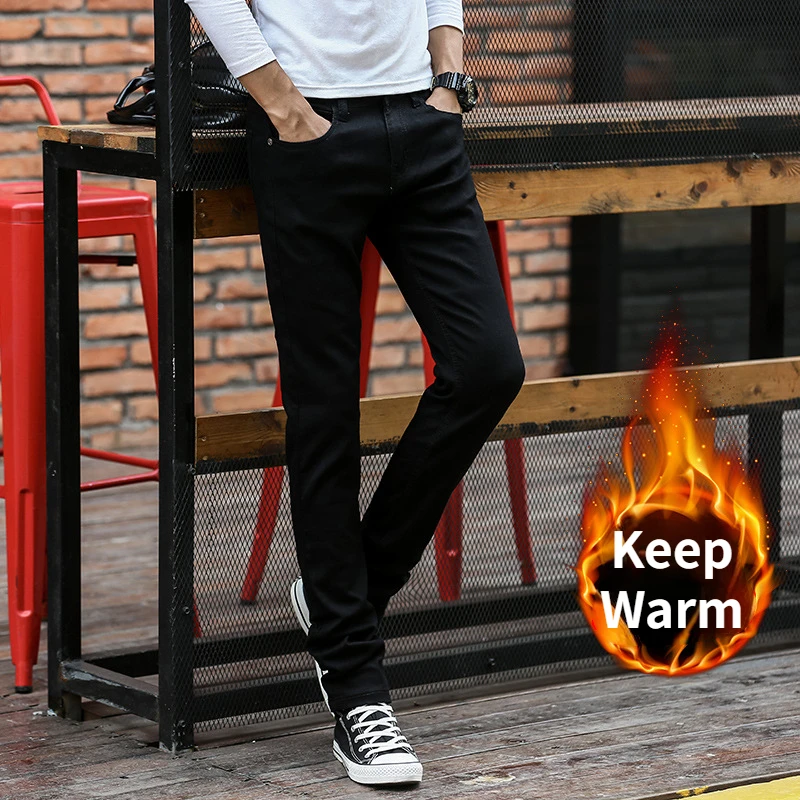 Hot Men's Winter Open Crotch Jeans Fleece Crotchless Outdoor Sex Pencil Pants Velvet Thermal Hidden Zipper Korean Gay Trousers