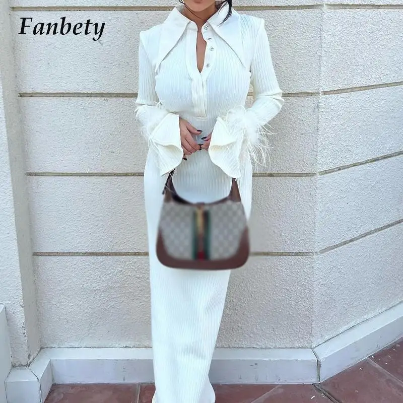 

Autumn Women Solid Color Button Elegant Dress Fashion Lapel Temperament Long Dress New Long Sleeve Feather Splicing Shirt Dress