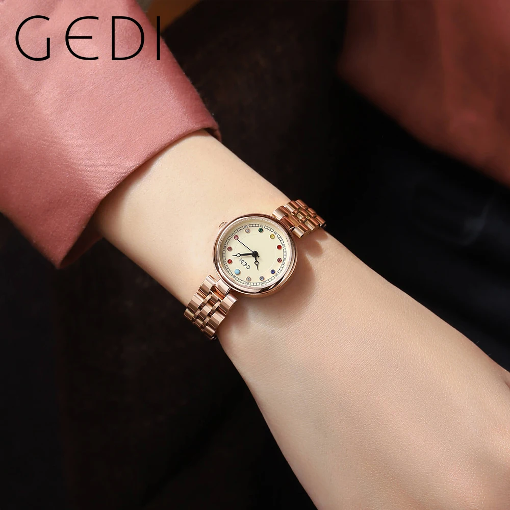 GEDI Waterproof Rose Gold Women Watches Luxury Color-diamond Scale Stainless Steel Strap Fashion Quartz Wrist watches Woman 2023