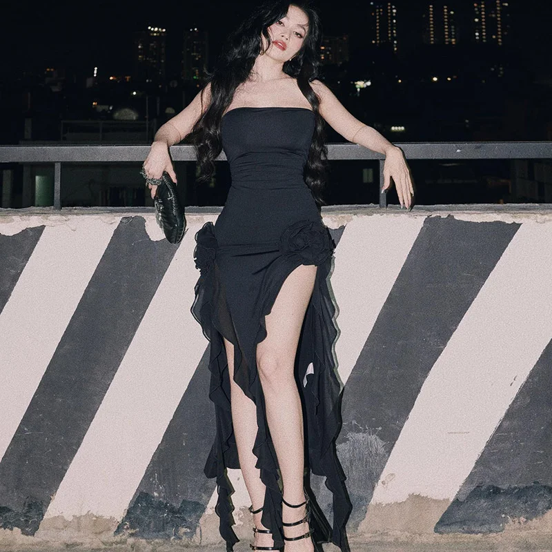 

Strapless Tube Sexy Dress Mesh See Through Ruffles Tassels Fairy Summer 2023 Off Shoulder Split Club Women Dress Party White