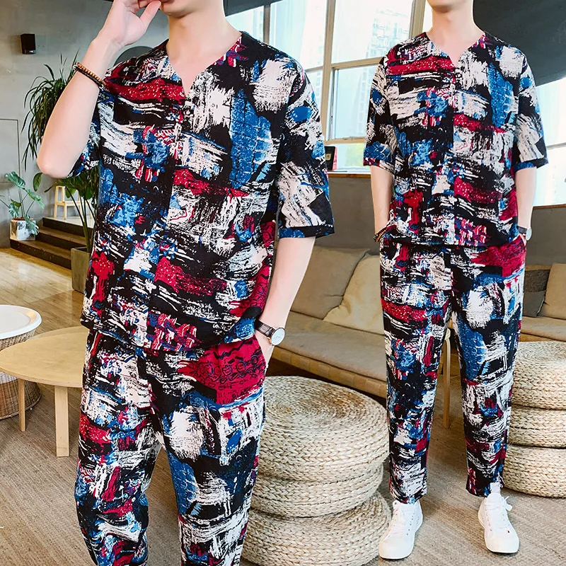 

National wind summer trend two sets of new men's thin short sleeve T shirt Chinese wind V collar leisure retro suit