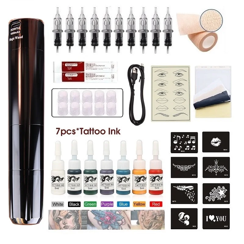 Wireless Rechargeable Battery  Rotary Tattoo Pen Kit With Cartridge Needles Accessories Set Permanent Makeup Machine RCA Jack