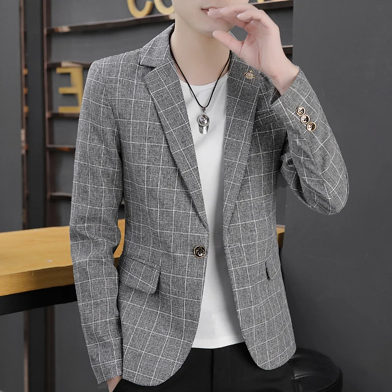 

New Plaid Blazer Jacket Casual Blazer Slim Cotton Autumn Male Masculino Blaser Fit Suit Fashion Men And 3XL England Spring