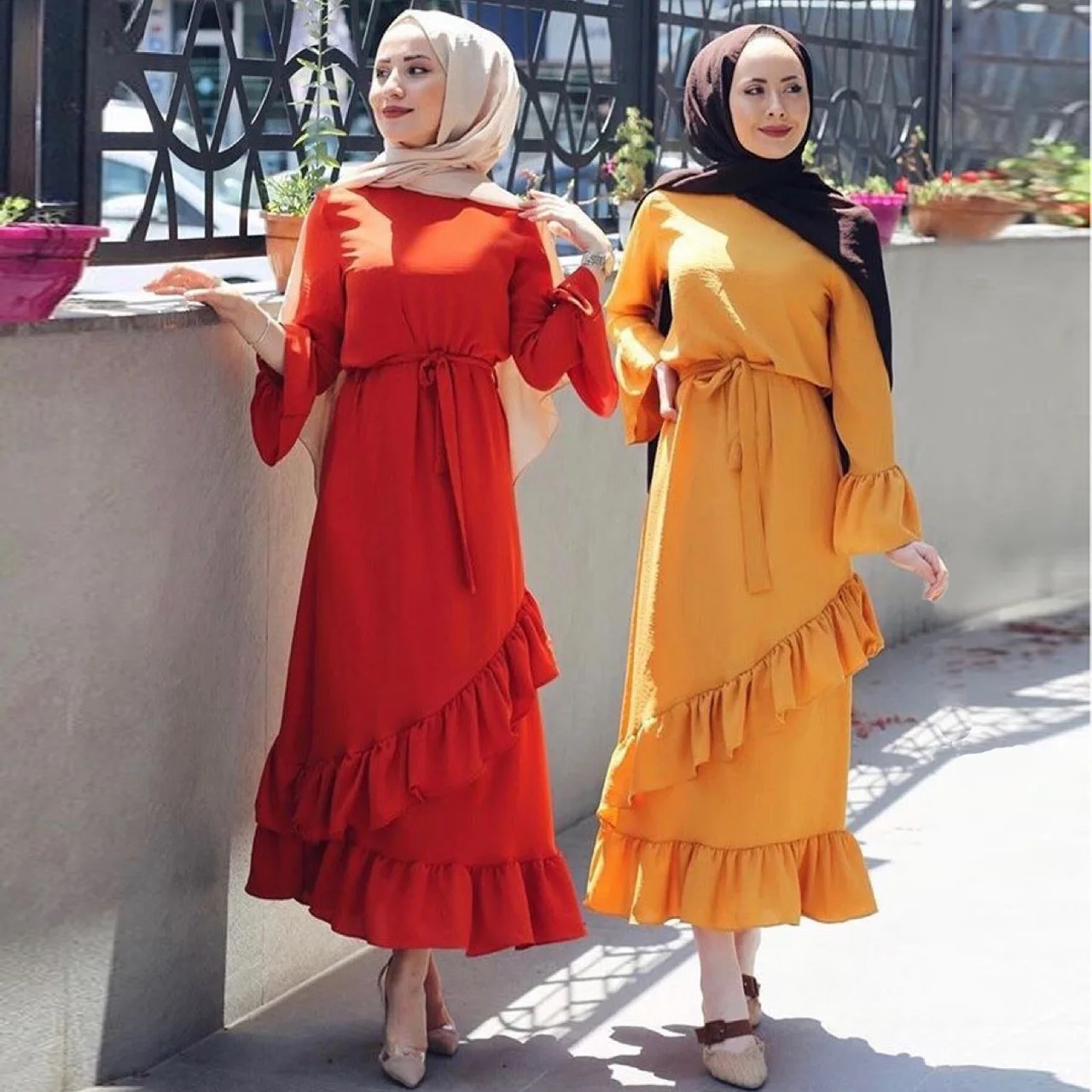 Muslim Fashion Ethnic Long Dress with Ruffle Edge Panel Flare Sleeve Kaftans for Women Muslim Dress Modest Hijab Dress Abayat