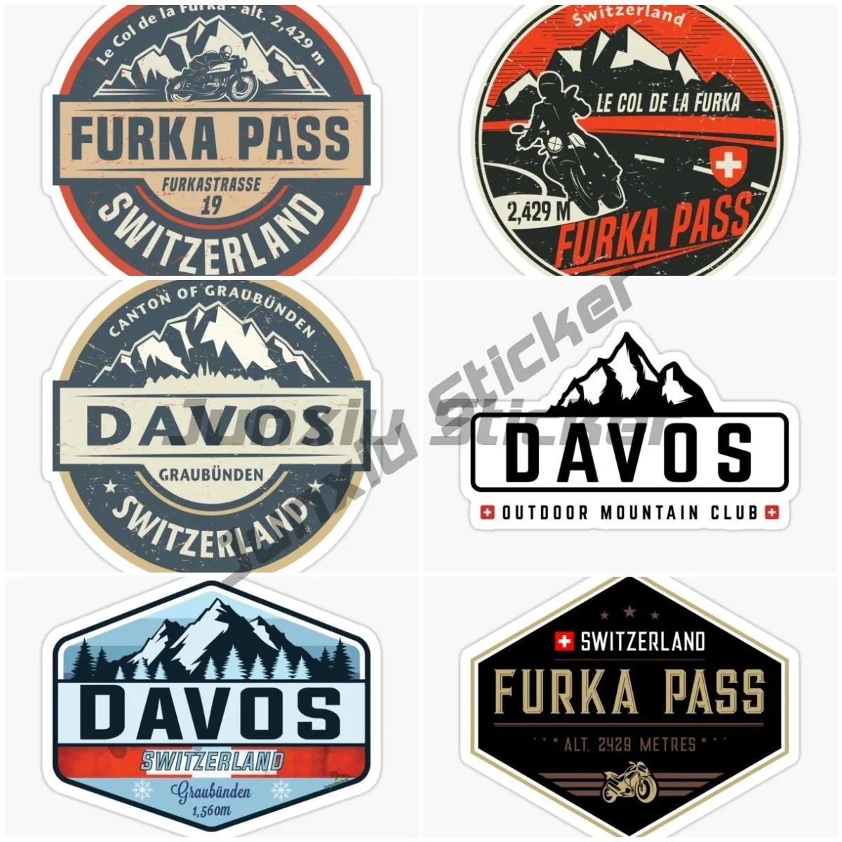 Швейцарская наклейка FURKA PASS DAVOS с изображением заснеженной горы мотоцикла