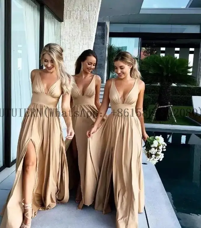 

Deep V-Neck Bridesmaid Dresses Long Sexy Side Split Floor-Length Vestido da dama de honra Formal Party Gowns