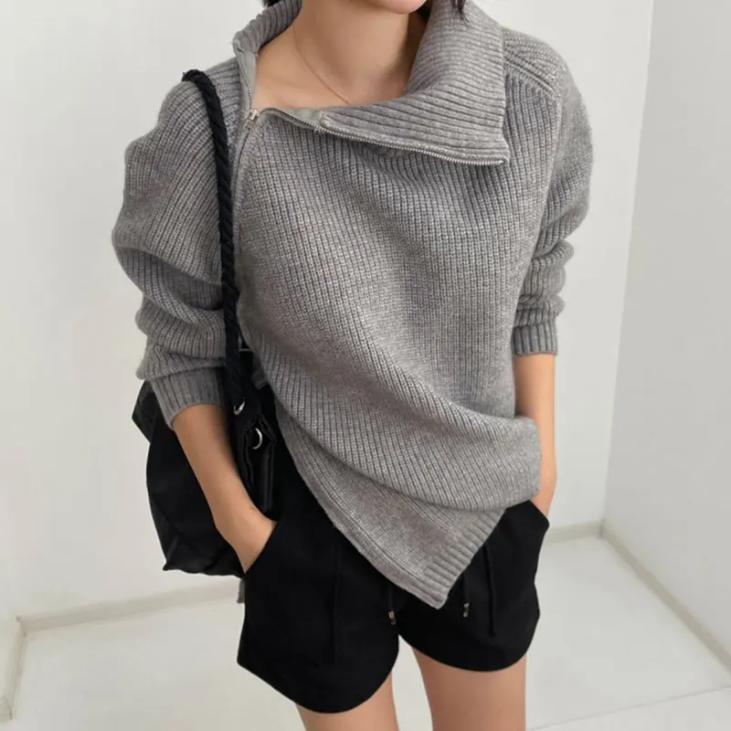 

Женский свитер с высоким воротом SuperAen, серый свитер с боковой молнией на осень и зиму, новинка 2022, винтажный Асимметричный свитер
