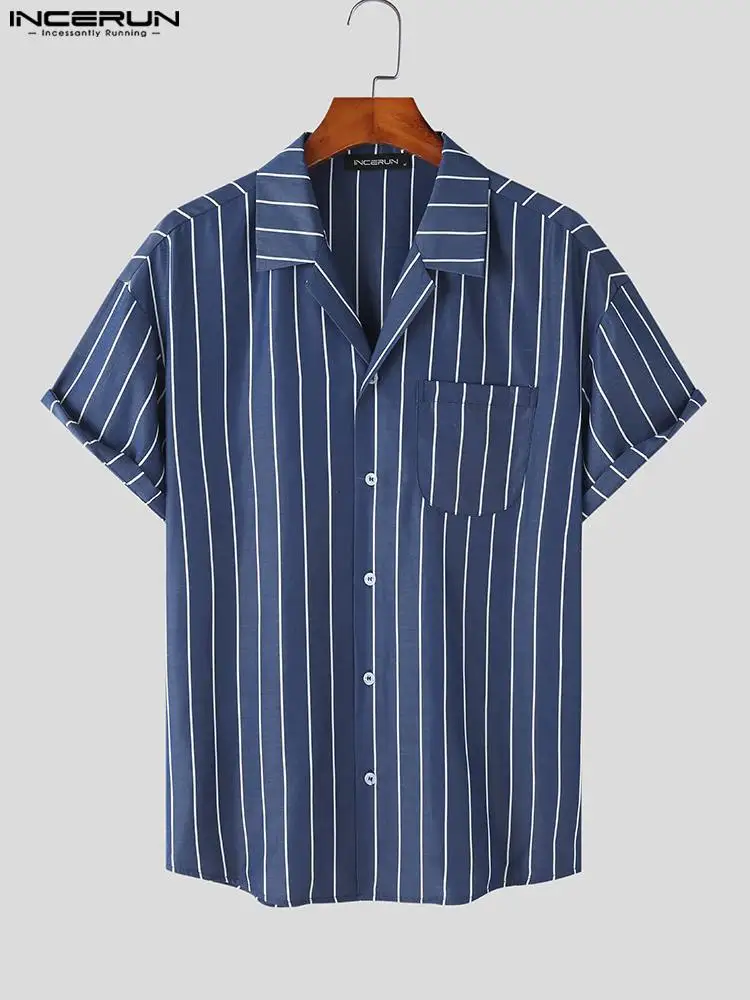 Korean Style New Men Striped Short Sleeve Shirts Casual Streetwear Male Button Up Lapel Collared Blouse S-5XL INCERUN Tops 2022