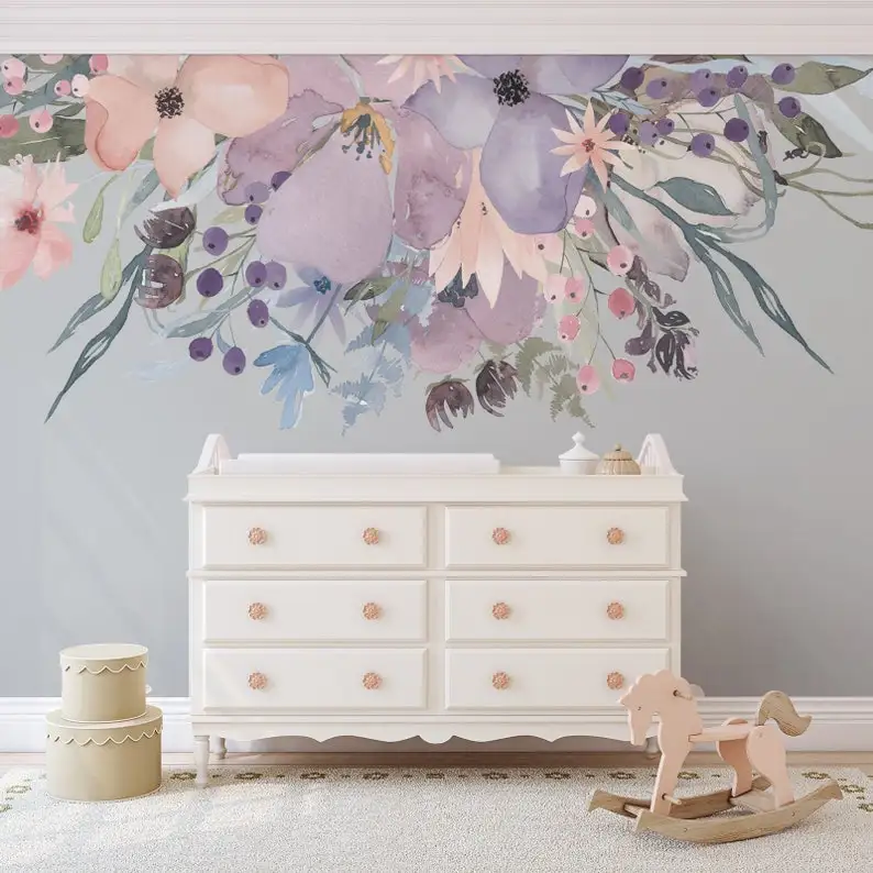 

WILD SPRING GARDEN Border Frame Pink Lavender Flowers Wall Mural Watercolor Peonies Blossoms Wall Decals Removable