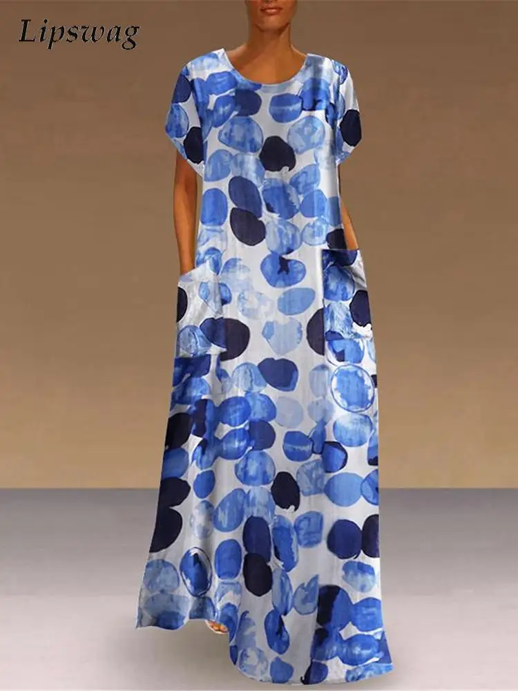 

Женское праздничное платье с винтажным принтом, Повседневное Платье макси с круглым вырезом, модные офисные платья с коротким рукавом, весн...