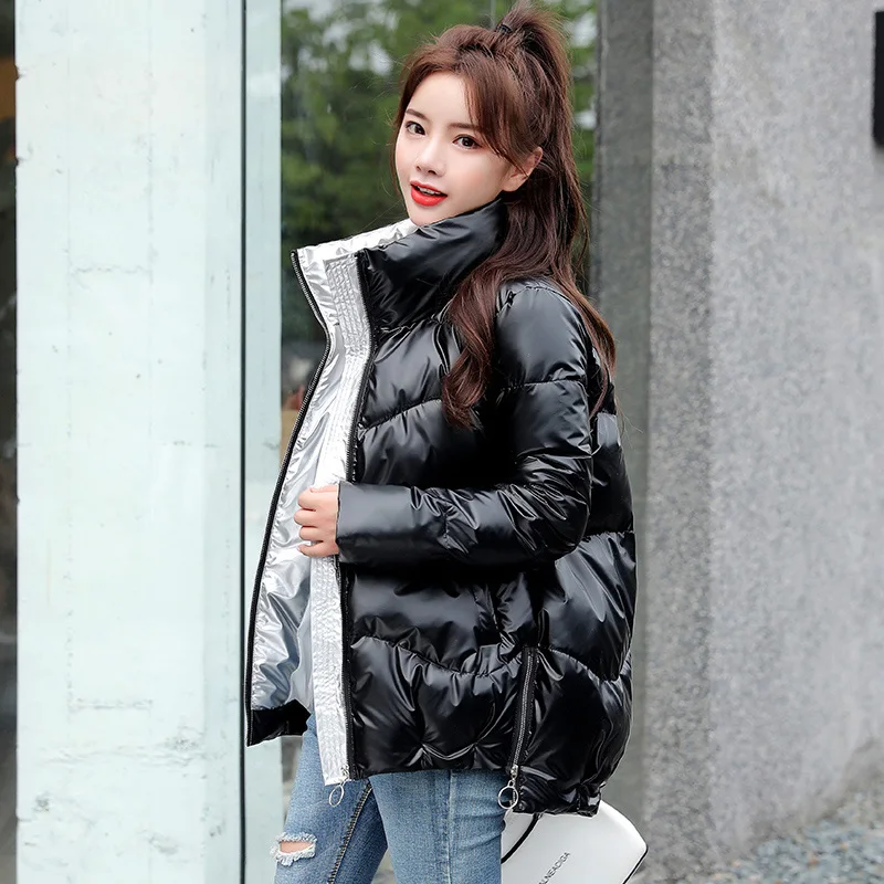 Short Women's Down Jacket 2022 Winter Glossy Silver/Black/Green/Grey Loose Cotton padded Coat Stand Collar Outwear Parkas Female