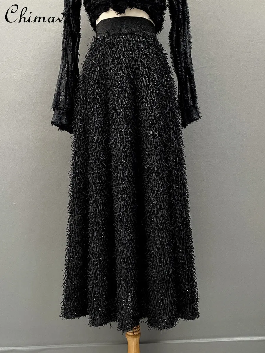 

Tassel Bright Silk Skirt for Women 2023 Autumn and Winter Fashionable Elastic Waist Zipper Black Swing Mid-length Puffy Skirt