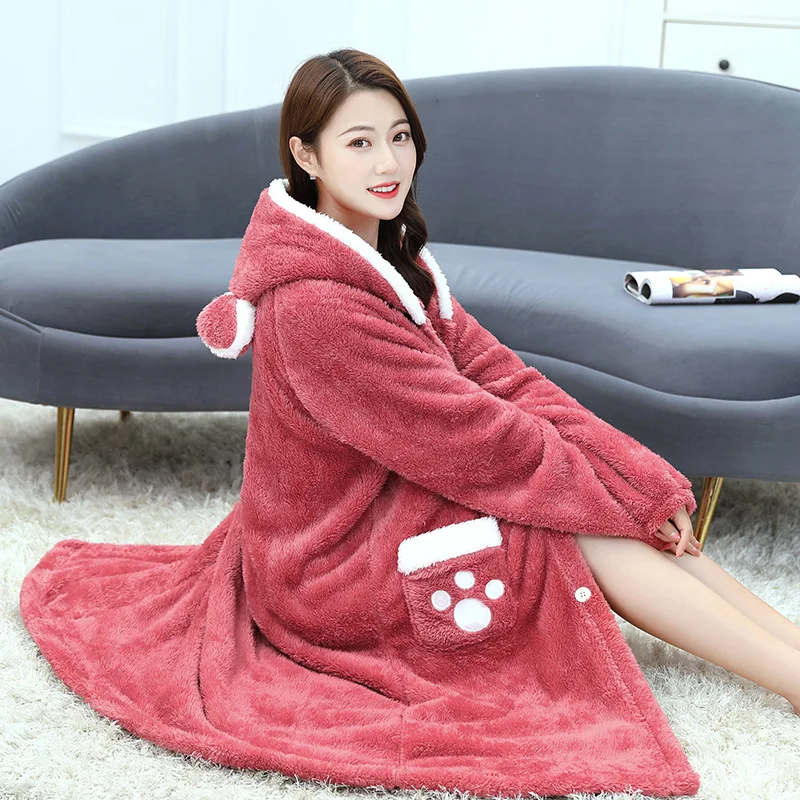 Hooded Nightdress Thicken Keep Warm Cute Comfortable And Soft Leisure Wear Add Pocket Adult Delicate
