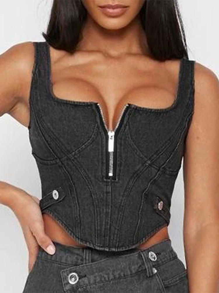 

SEASONS Low Cut Square Collar Women's Blacck Denim Tank Tops Zipper Harajuku Fashion Backless Lace Up Crop Tops Korean ASVE85248
