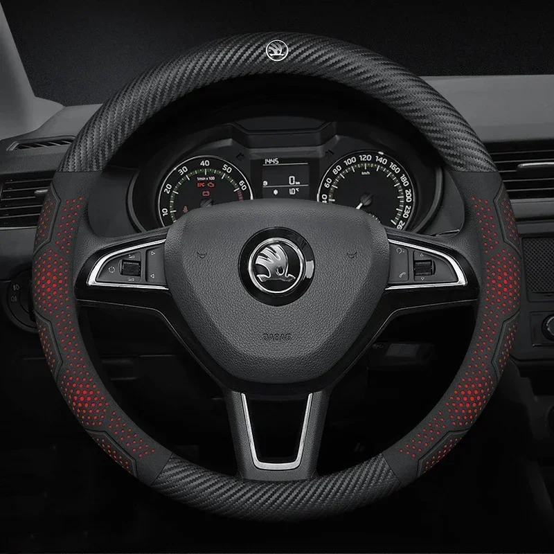 Фото Автомобильный кожаный чехол на руль из углеродного волокна для Skoda VRS Kodiaq Karoq Kamiq Octavia 1 a5 Scala Superb Yeti Fabia ENYAQ Citigo №2